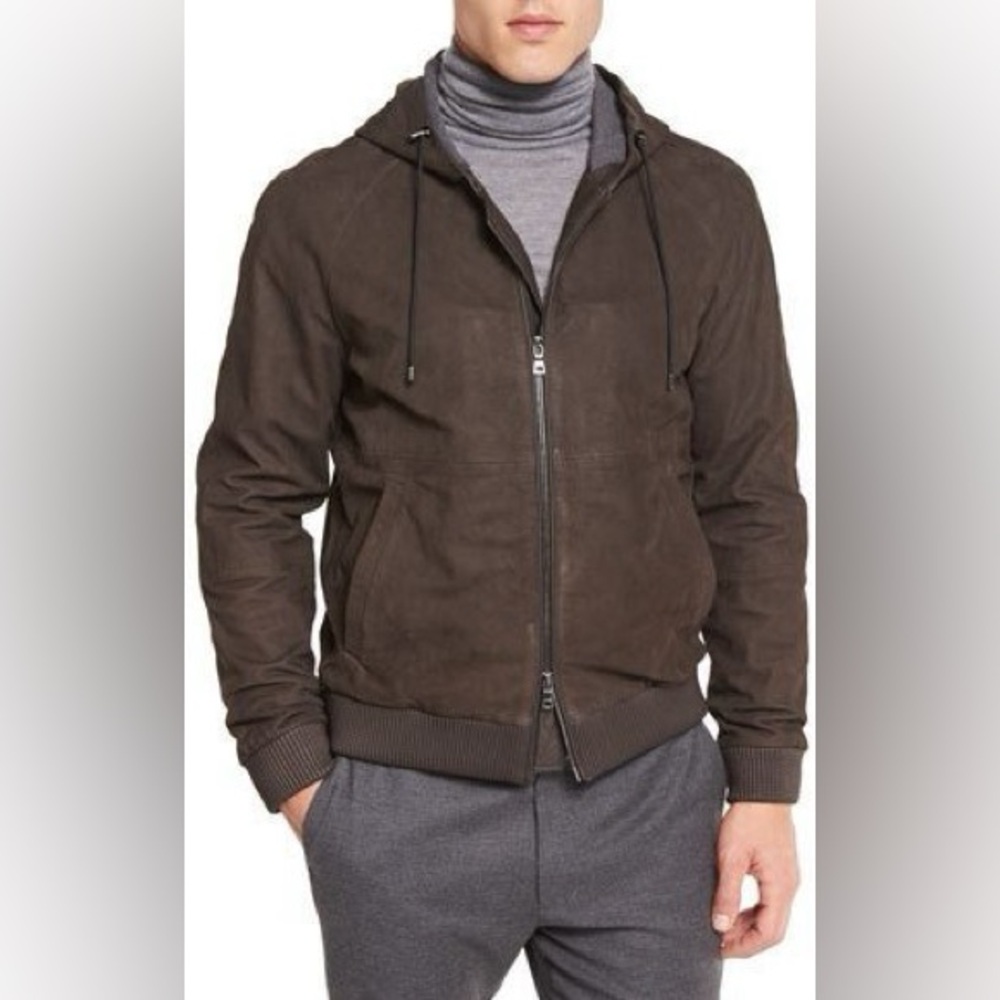 Vince Leather Suede Zip Up Hoodie Espresso Brown